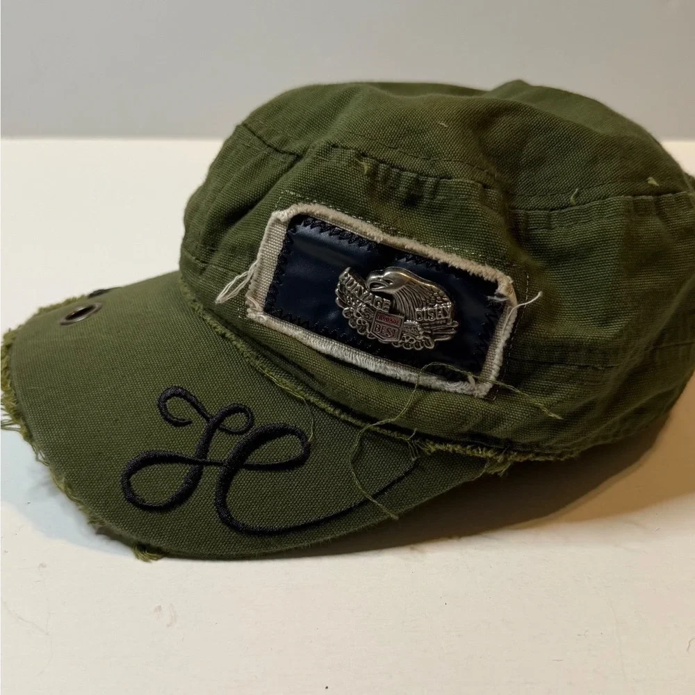 Vintage Harley Davidson Military Cadet Hat Green Distressed